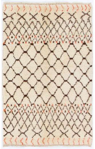 Beige MOROCCAN Berber Beni Ourain Design Rug with Brown and Red patterns, HANDMADE, 100% Wool
