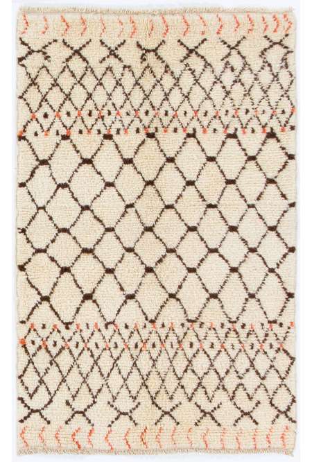 Beige MOROCCAN Berber Beni Ourain Design Rug with Brown and Red patterns, HANDMADE, 100% Wool