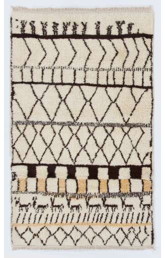 Beige MOROCCAN Berber Beni Ourain Design Rug with Brown and Yellow patterns, HANDMADE, 100% Wool