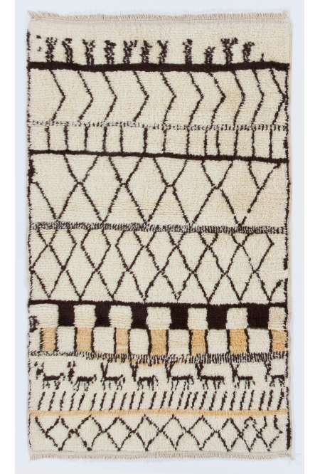 Beige MOROCCAN Berber Beni Ourain Design Rug with Brown and Yellow patterns, HANDMADE, 100% Wool