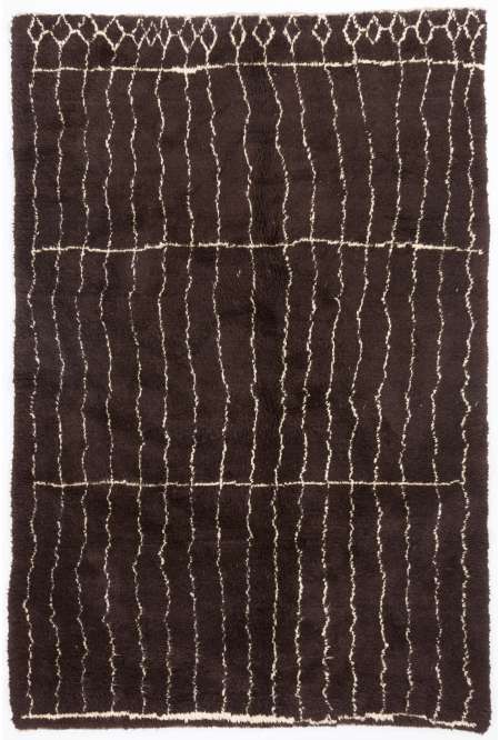 Brown colored MOROCCAN Berber Beni Ourain Design Rug with Beige Line Patterns, HANDMADE, 100% Wool
