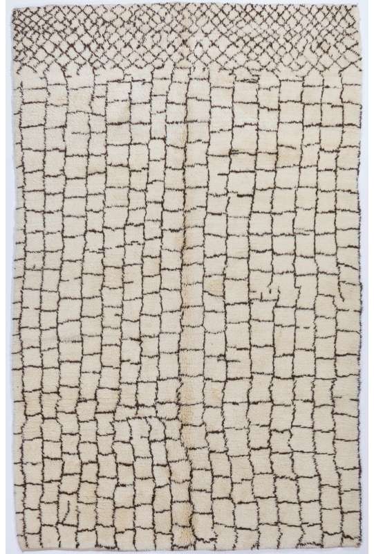 Ivory color MOROCCAN Berber Beni Ourain Design Rug with Brown Square patterns, HANDMADE, 100% Wool