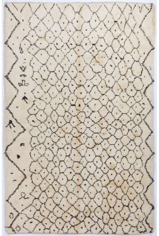 Ivory color MOROCCAN Berber Beni Ourain Design Rug with Brown Patterns, HANDMADE, 100% Wool