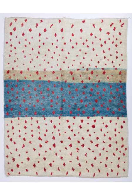 Ivory & Red and Turquoise Blue MOROCCAN Berber Beni Ourain Design Rug, HANDMADE, 100% Wool