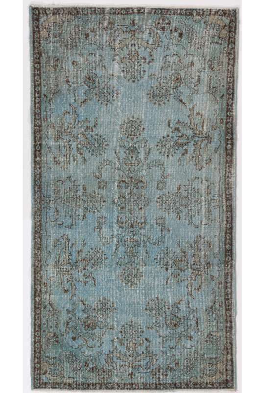 3'10" x 7'2" (118 x 220 cm) Air Force Blue Color Vintage Overdyed Handmade Turkish Rug, Blue Overdyed Rug