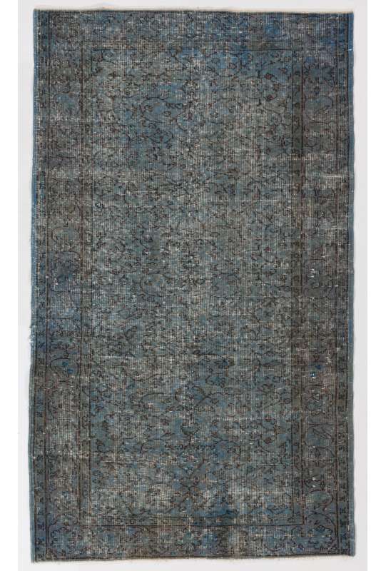 4'1" x 7' (125 x 215 cm) Air Force Blue Color Vintage Overdyed Handmade Turkish Rug, Blue Overdyed Rug