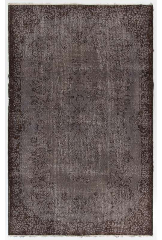 5'11" x 9'4" (182 x 286 cm) Gray Color Vintage Overdyed Handmade Turkish Rug with Brown Underlying patterns, Gray Overdyed Rug