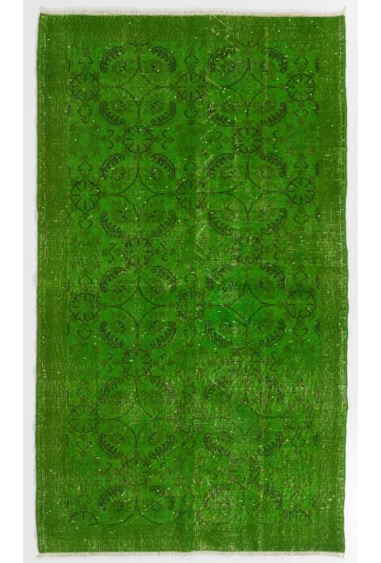 3'11" x 6'10" (121 x 209 cm) Green Color Vintage Overdyed Handmade Turkish Rug, Green Overdyed Rug
