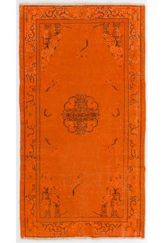 3'7" x 6'8" (110 x 205 cm) Orange Color Vintage Overdyed Handmade Turkish Rug, Orange Overdyed Rug