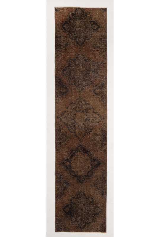Overdyed Runner Rug 2'5" x 10'5" (75 x 320 cm) Handmade Vintage Turkish Rug, Brown Overdyed Runner Rug
