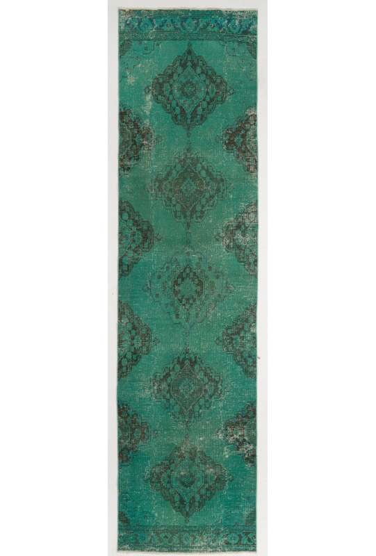Green Rug Color Vintage Overdyed, Turquoise And Brown Runner Rug