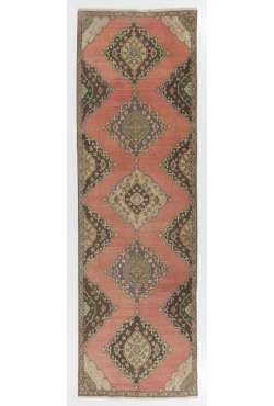 Sun Faded Runner Rug, 3'8" x 11'5" (112 x 350 cm) Red, Brown and Green Color Vintage Overdyed Runner Rug, Turkish Overdyed Runner Rug