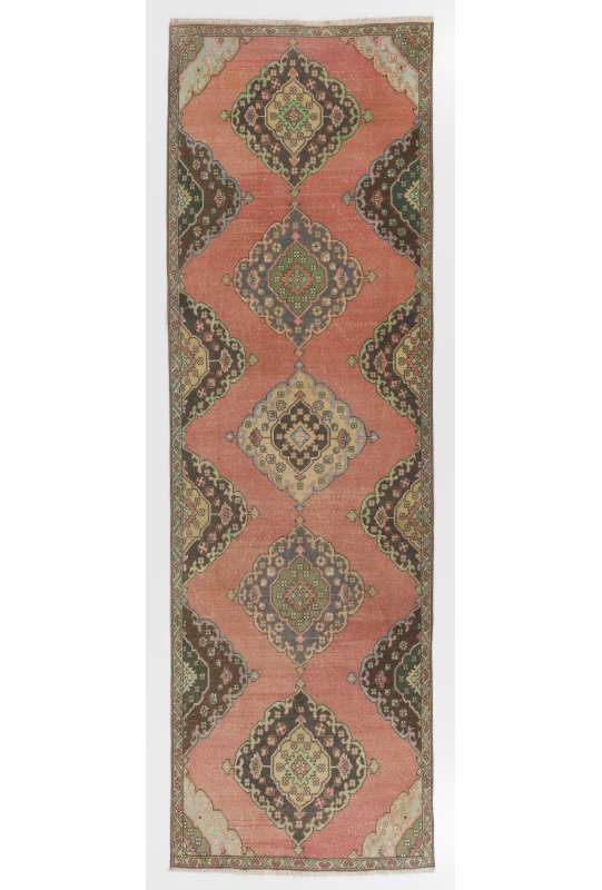Sun Faded Runner Rug, 3'8" x 11'5" (112 x 350 cm) Red, Brown and Green Color Vintage Overdyed Runner Rug, Turkish Overdyed Runner Rug