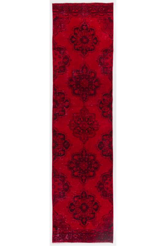 3' x 12'6" (96 x 381 cm) Red Color Vintage Overdyed Handmade Turkish Runner Rug, Red Overdyed Runner Rug